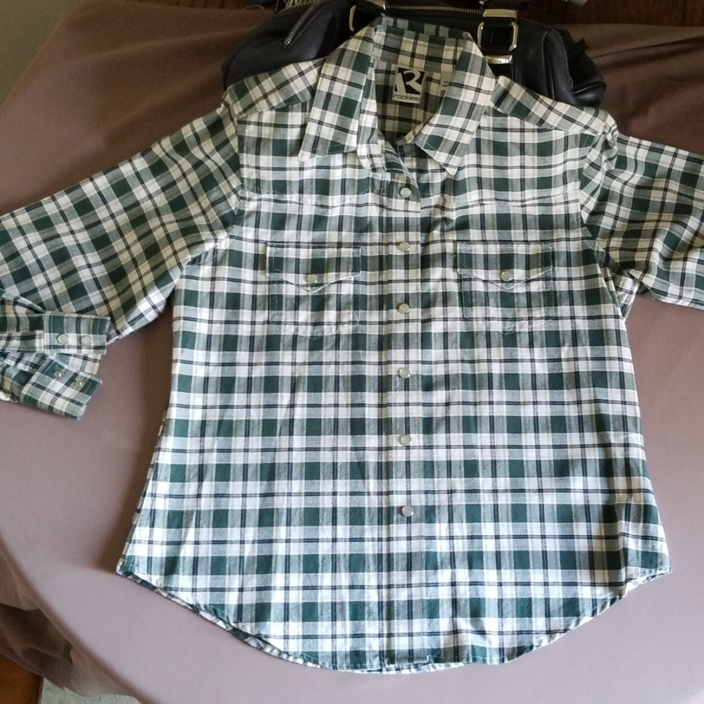 Pearl Snap Plaid Western Shirt Rockies Muted Textured No Tuck Size M Equestrian